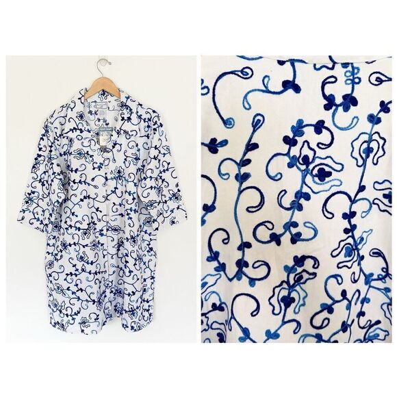 April Cornell Women’s White Blue Embroidered Long Line Knot Toggle Closure Jacke - Picture 2 of 7